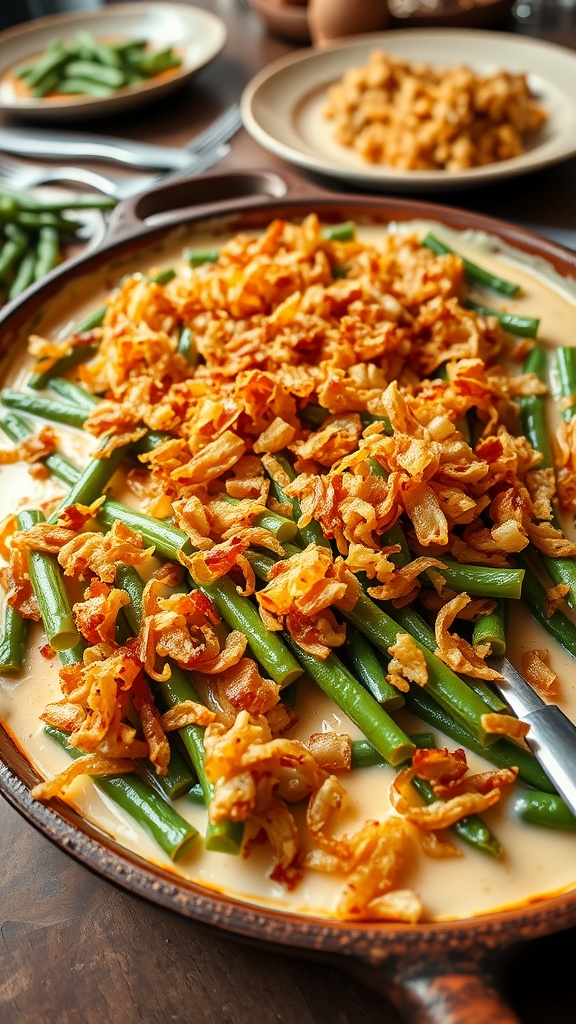 A classic green bean casserole topped with fried onions, served in a rustic dish on a cozy dining table.